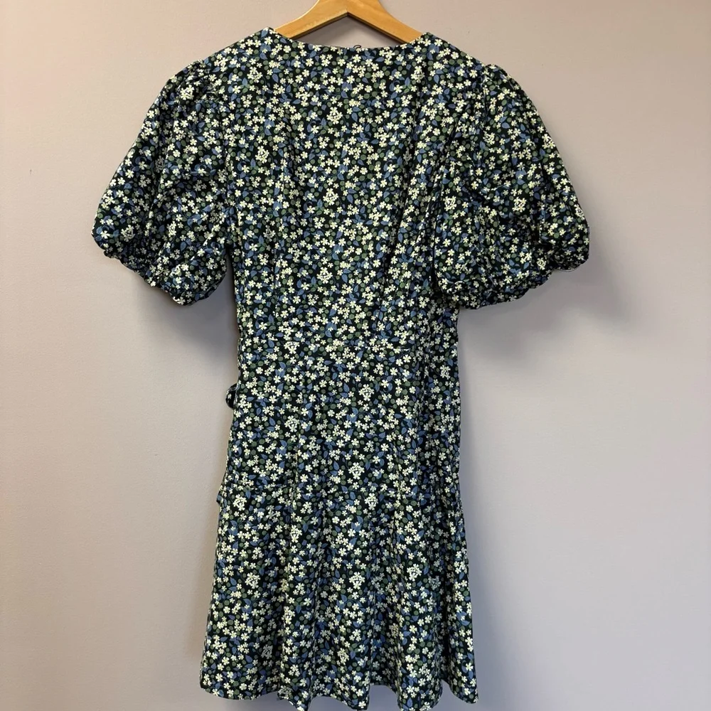 Dress Forum Navy Garden Floral Mini Wrap Dress Puff Sleeve Cottagecore Womens M‎
